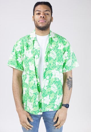 VINTAGE 90S GREEN AND BEIGE FLOWER PATTERNED SHIRT