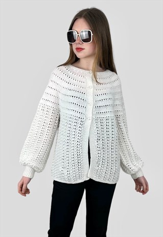 70's White Vintage Crochet Long Sleeve Cardigan 