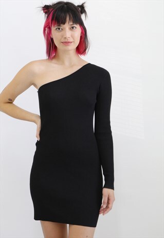 ARDEN ONE SHOULDER Y2K KNIT DRESS - BLACK