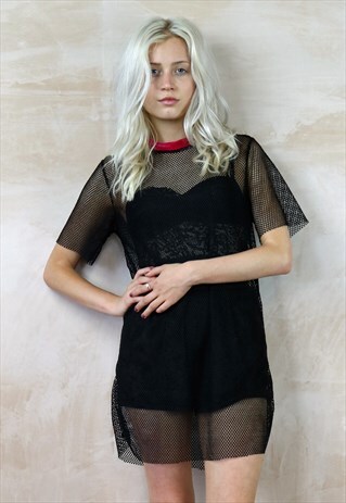 FISHNET MINI DRESS WITH VELVET NECK