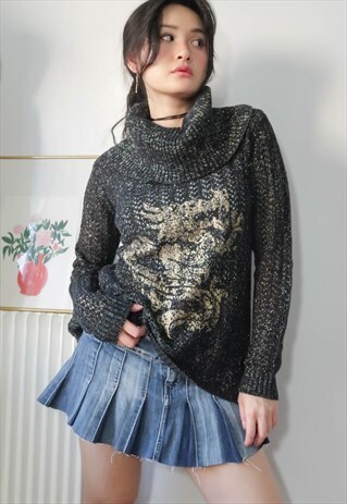 VINTAGE STREETWEAR DARK GREY TURTLENECK DRAGON SWEATER