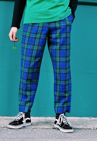 VINTAGE 90S UNISEX GREEN BLUE CHECK WOOL PANTS