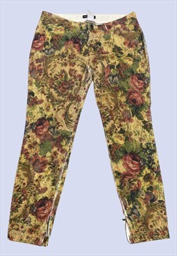 Yellow Multi Floral Tapestry Print Cotton Slim Trousers