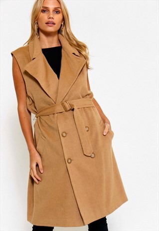 VINTAGE 90'S CAMEL SLEEVELESS TRENCH COAT