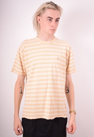 CHAMPION MENS VINTAGE T-SHIRT TOP LARGE BEIGE STRIPES 90S