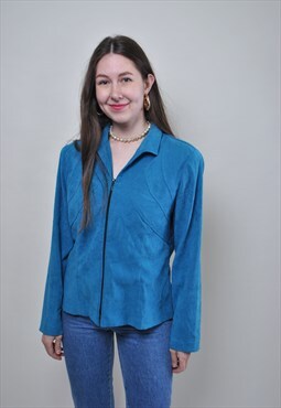 Minimalist blazer, vintage zipped up blue jacket, women 90s 