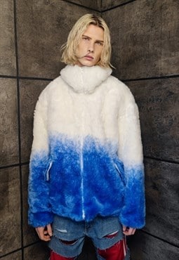 Gradient fleece jacket faux fur tie-dye bomber in blue white