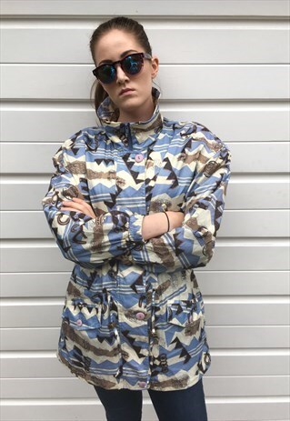 WOMENS VINTAGE 80S COAT AZTEC SHELL SUIT JACKET WINDBREAKER