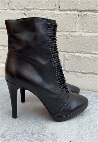 BLACK LEATHER HIGH HEELED ANKLE BOOTS UK SIZE 6