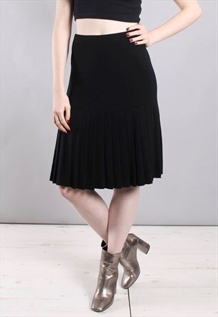 VINTAGE 80S BLACK STRETCHY WOOL PLEAT SKIRT