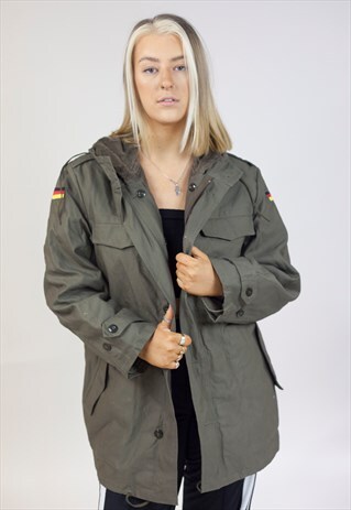 VINTAGE KHAKI GREEN FLEECE LINED HOODED PARKA JACKET