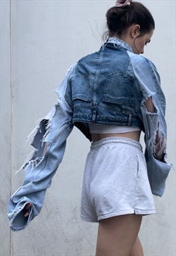 Reworked Patchwork Cropped Ripped Blue Denim Jacket