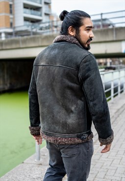 Black Shearling And Leather Winter Aviator Jacket