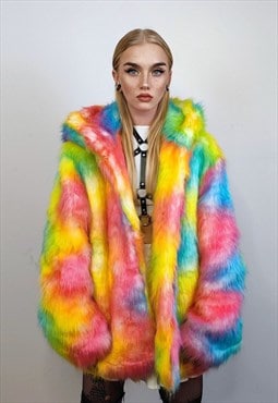 Hooded rainbow fur jacket unicorn bomber neon raver puffer