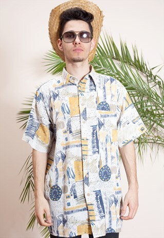 MENS VINTAGE SHORT SLEEVE, ABSTRACT, PRINT, BUTTON UP SHIRT
