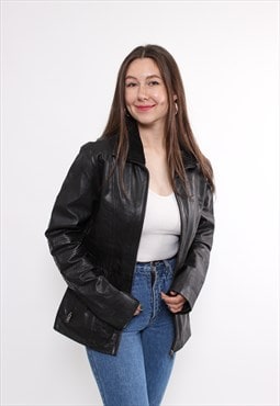 90s vintage leather fall jacket, retro casual style woman 