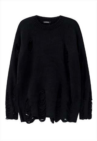 RIPPED KNIT SWEATER DROP SHOULDER PUNK JUMPER IN BLACK