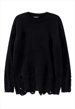 Ripped knit sweater drop shoulder Punk jumper in black