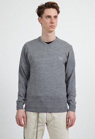 VINTAGE GREY EMPORIO ARMANI V-NECK KNIT JUMPER SWEATER