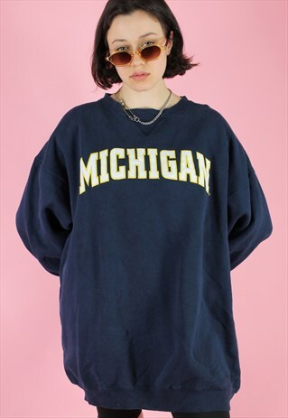 VINTAGE SWEATSHIRT JUMPER IN BLUE WITH MICHIGAN PRINT