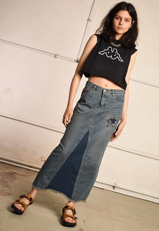 Y2K DENIM FESTIVAL DISTRESSED MAXI SKIRT