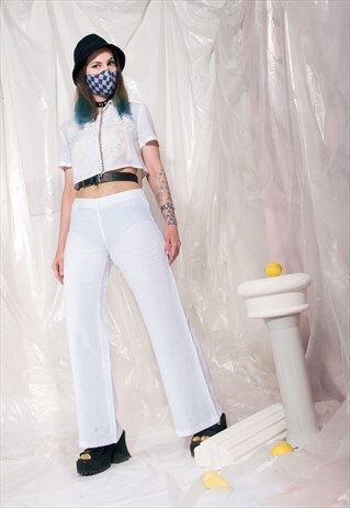 VINTAGE SISLEY TROUSERS Y2K WHITE LOW RISE WIDE-LEG PANTS
