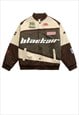 Motorcycle jacket multi patch padded racing bomber in brown