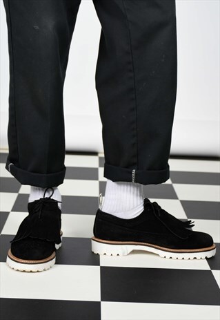 DR MARTENS BLACK SUEDE SMART BROGUE SHOES WITH FRINGE DETAIL