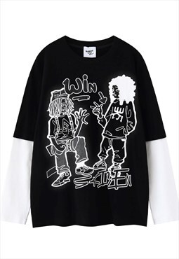 Double sleeve skater t-shirt hip-hop tee raver top in black