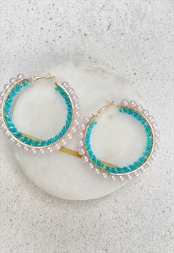 Gold Beige Faux Pearl Turquoise Macrame Hoop Circle Earrings
