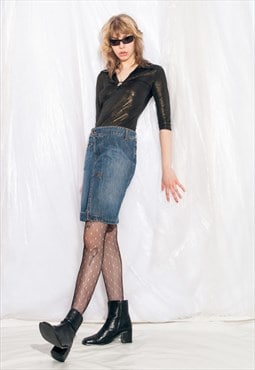 Vintage Denim Skirt Y2K Asymmetric Midi in Blue
