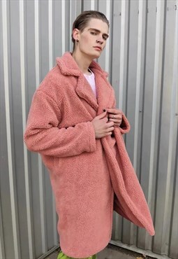 Fleece Trench jacket in pastel pink fake fur fluffy mac coat