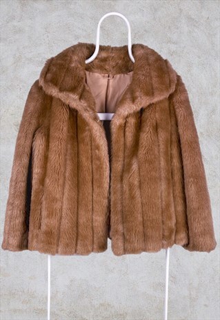 VINTAGE FAUX FUR JACKET BEIGE MADE IN UK WOMEN'S 16