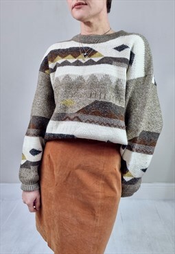 Vintage 90's Brown Cream Grey Wool Blend Jumper