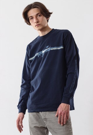 VINTAGE MEN NIKE BIG LOGO CREW NECK LONG SLEEVE T SHIRT BLUE