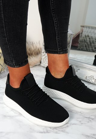WOMENS LACE UP RUNNING TRAINERS SNEAKERS BLACK SHOES