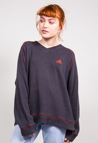 90'S VINTAGE DARK GREY ADIDAS V-NECK RIBBED SWEATSHIRT