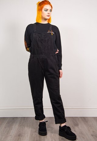 VINTAGE 90'S BLACK DENIM STRAIGHT LEG LONG DUNGAREES