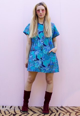 VINTAGE TROPICAL PRINT SHIFT MINI DRESS