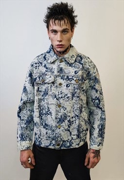 Floral denim jacket embroidered jean bomber retro print coat