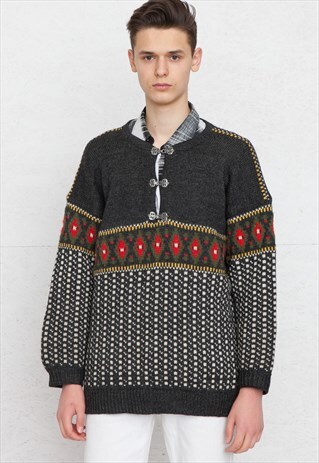 VINTAGE GREY KNIT NORWEGIAN JUMPER SWEATER