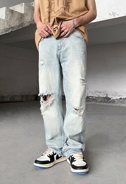 Blue Washed Distressed Pants Jeans Trousers Y2k