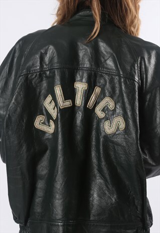 LEATHER BOMBER CELTICS JACKET VARSITY BOYFRIEND OVERSIZE EDM