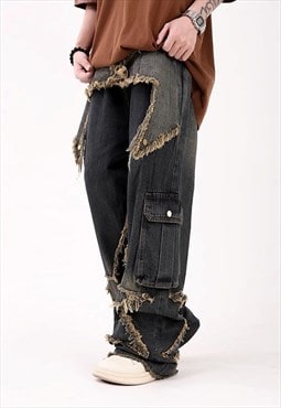 Reworked jeans grunge ripped denim pants in vintage green