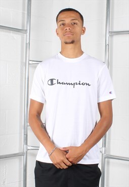 Vintage Champion Tee in White with Spell Out Logo Medium