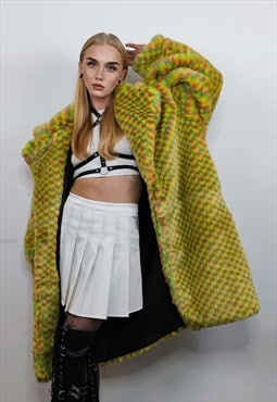 Checked faux fur long coat geometric trench rave 70s bomber