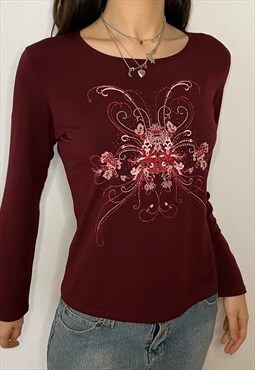 Y2K Butterfly Graphic Print Beaded Long Sleeve Top