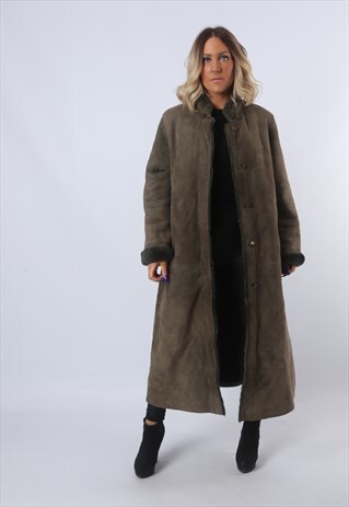 SHEEPSKIN SHEARLING SUEDE LONG COAT JACKET UK 14-16 (F94U)
