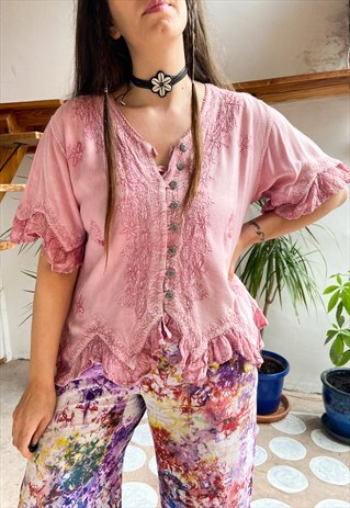 VINTAGE 90'S EMBROIDERED BOHEMIAN PINK TOP - M