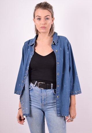 WOMENS VINTAGE DENIM SHIRT LARGE BLUE 90'S